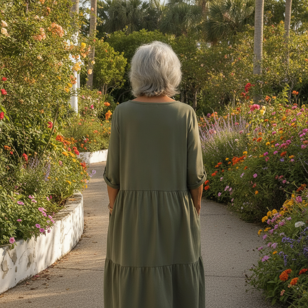 A woman in her sixties in an olive green cotton summer dress walking through a Bay of Plenty flower garden