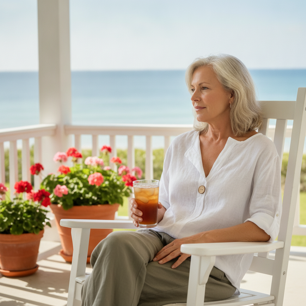 A woman over 50 in a white 100% linen top relaxing on a coastal porch with iced tea