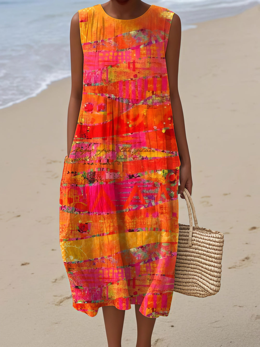 Orange Pink Abstract Painted Midi Dress