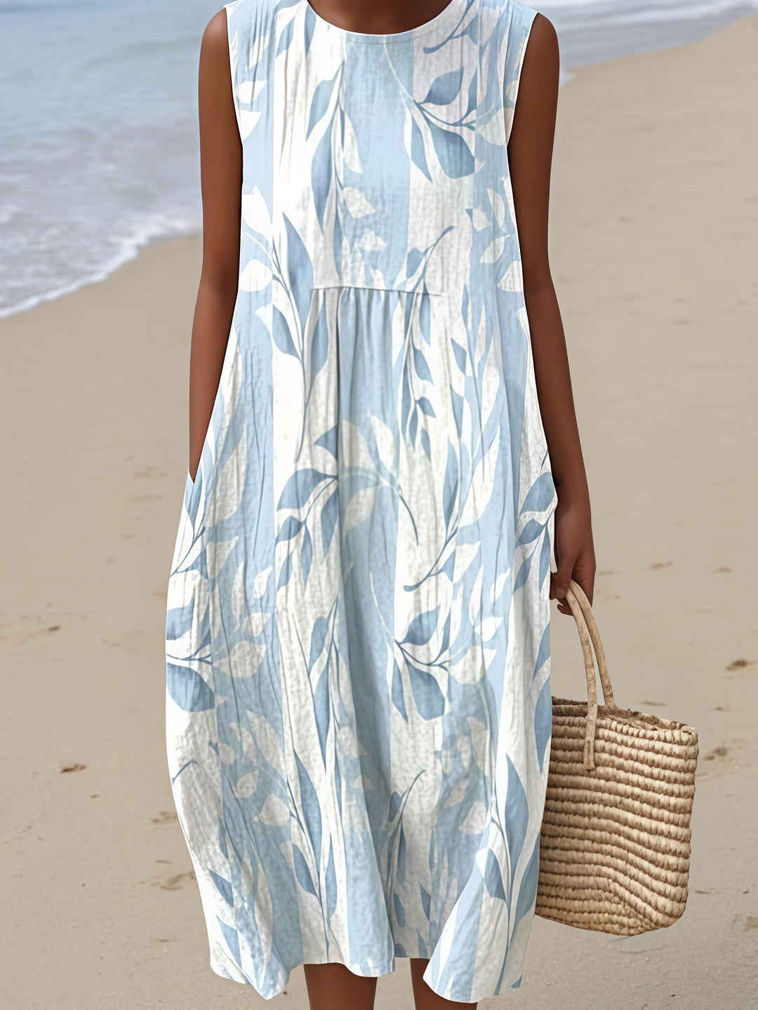 Blue Water Leaves White Midi Dress