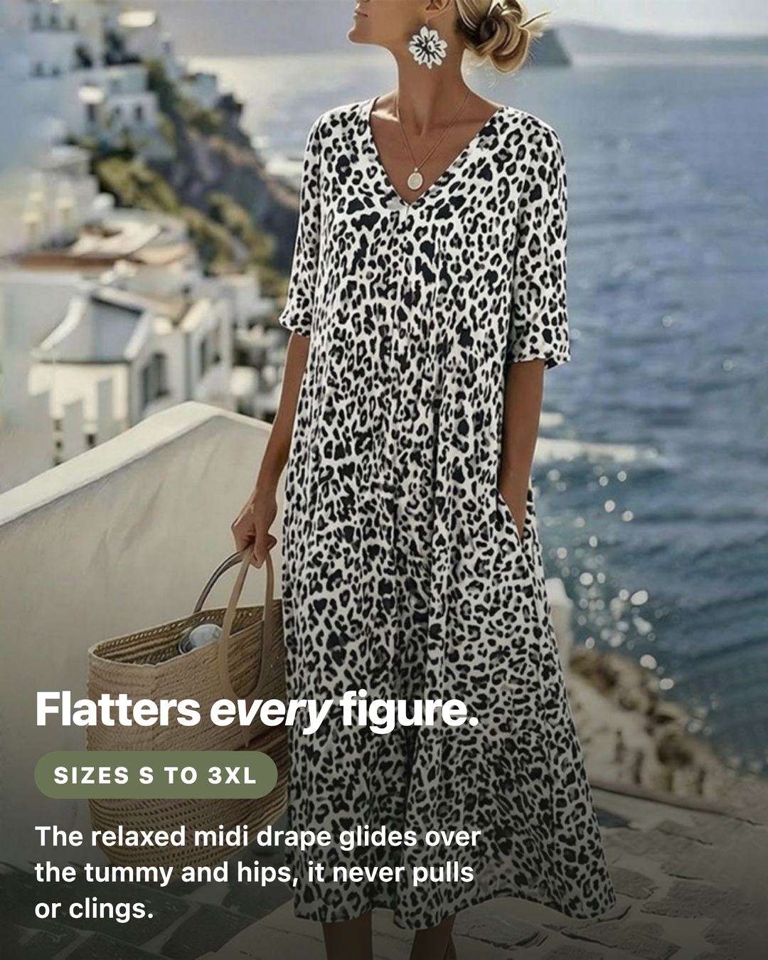Xanthe leopard midi dress flatters every figure, sizes S to 3XL